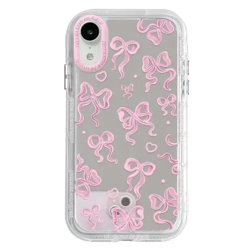 NITITOP Compatible with iPhone XR Case Cute Mirror Bow Pattern Love Heart for Women Girls Ribbon Design Shockproof Silver Protective Phone Cover - Pink Bow - 1