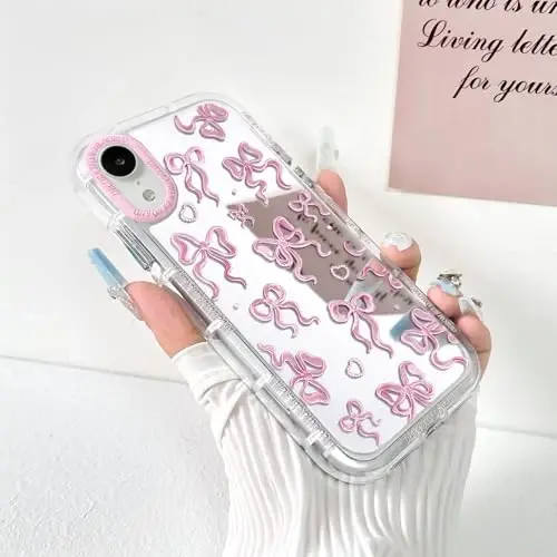 NITITOP Compatible with iPhone XR Case Cute Mirror Bow Pattern Love Heart for Women Girls Ribbon Design Shockproof Silver Protective Phone Cover - Pink Bow - NITITOP (1)