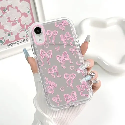 NITITOP Compatible with iPhone XR Case Cute Mirror Bow Pattern Love Heart for Women Girls Ribbon Design Shockproof Silver Protective Phone Cover - Pink Bow - 3