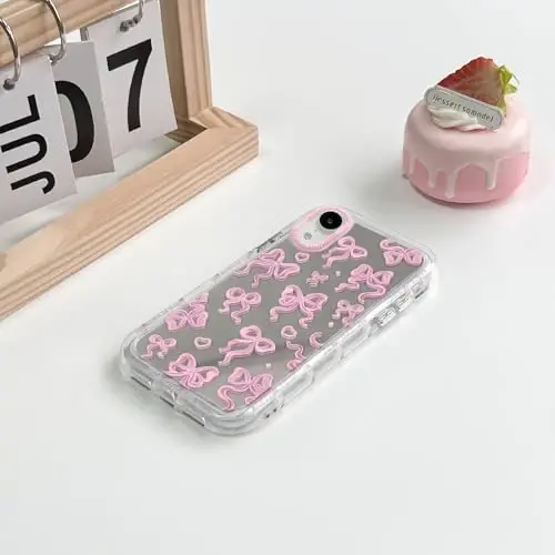 NITITOP Compatible with iPhone XR Case Cute Mirror Bow Pattern Love Heart for Women Girls Ribbon Design Shockproof Silver Protective Phone Cover - Pink Bow - 4
