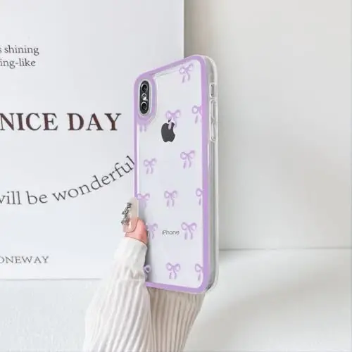 NITITOP Compatible with iPhone Xs Max Case Cute Clear Durable Ribbon Bowknot Pattern for Girls Women Soft TPU Transparent Full Camera Lens Shockproof Protective Phone Cover - Purple - 5