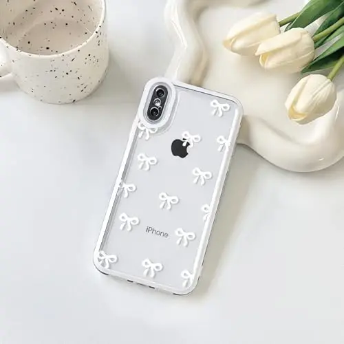 NITITOP Compatible with iPhone Xs Max Case Cute Clear Durable Ribbon Bowknot Pattern for Girls Women Soft TPU Transparent Full Camera Lens Shockproof Protective Phone Cover - White - 2
