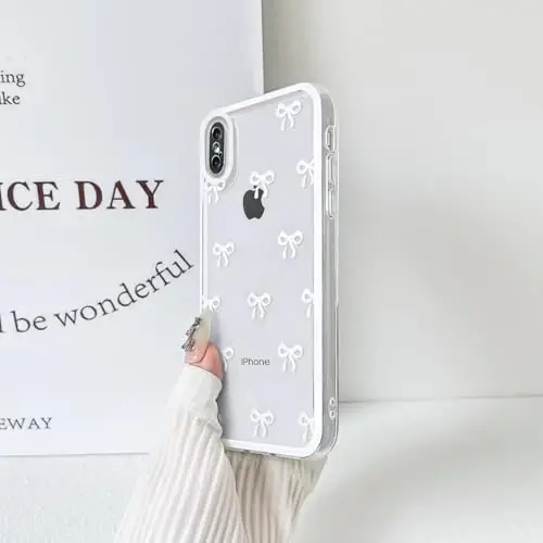 NITITOP Compatible with iPhone Xs Max Case Cute Clear Durable Ribbon Bowknot Pattern for Girls Women Soft TPU Transparent Full Camera Lens Shockproof Protective Phone Cover - White - 5