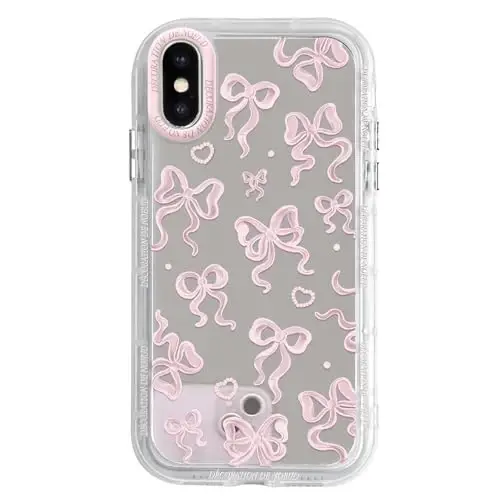 NITITOP Compatible with iPhone Xs Max Case Cute Mirror Bow Love Heart Pattern for Women Girls Ribbon Design Shockproof Silver Protective Phone Cover - Light Pink Bow 