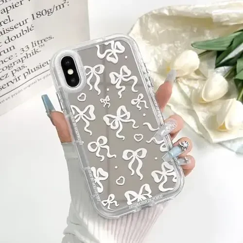 NITITOP Compatible with iPhone Xs Max Case Cute Mirror Bow Love Heart Pattern for Women Girls Ribbon Design Shockproof Silver Protective Phone Cover - White Bow - 3