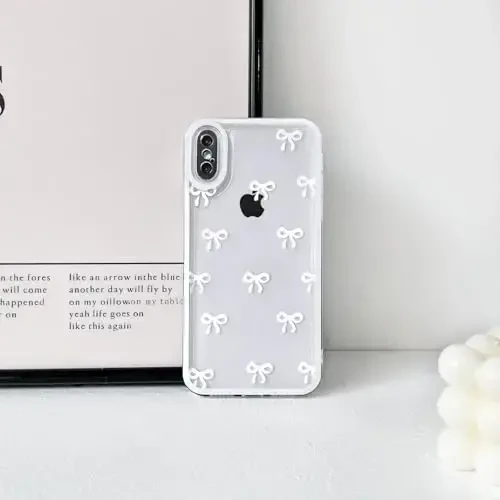 NITITOP Compatible with iPhone X/XS Case Cute Clear Durable Ribbon Bowknot Pattern for Girls Women Soft TPU Transparent Full Camera Lens Shockproof Protective Phone Cover - White - 4