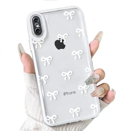 NITITOP Compatible with iPhone X/XS Case Cute Clear Durable Ribbon Bowknot Pattern for Girls Women Soft TPU Transparent Full Camera Lens Shockproof Protective Phone Cover - White - NITITOP