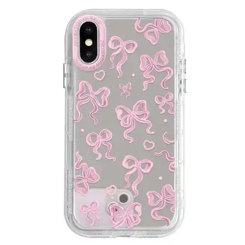 NITITOP Compatible with iPhone X/XS Case Cute Mirror Bow Pattern Love Heart for Women Girls Ribbon Design Shockproof Silver Protective Phone Cover - Pink Bow - 1