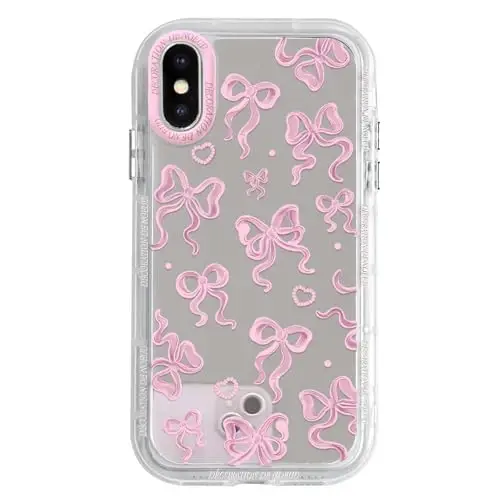 NITITOP Compatible with iPhone X/XS Case Cute Mirror Bow Pattern Love Heart for Women Girls Ribbon Design Shockproof Silver Protective Phone Cover - Pink Bow - NITITOP