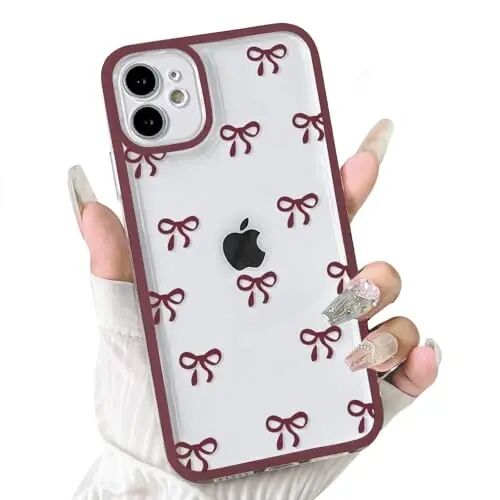 NITITOP for iPhone 11 Case Cute Ribbon Bow - Wine Red | Aesthetics, Clear, Durable bowknot, Full camera lens, For woman girl, Soft TPU, Shockproof, Waterproof - NITITOP