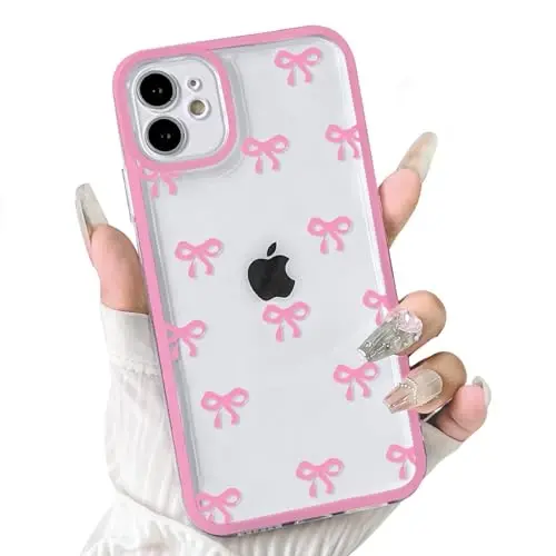 NITITOP for iPhone 12 Case Cute Ribbon Bow - Rose Red | Aesthetics, Clear, Durable bowknot, Full camera lens, For woman girl, Soft TPU, Shockproof, Waterproof - 1