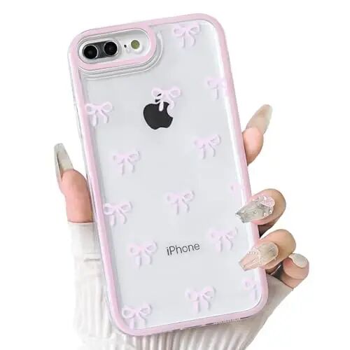 NITITOP for iPhone 7 Plus / 8 Plus Case Cute Ribbon Bow - Pink | Aesthetics, Clear, Durable bowknot, Full camera lens, For woman girl, Soft TPU, Shockproof, Waterproof - NITITOP
