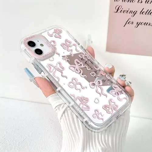 NITITOP Compatible with iPhone 11 Case Cute Mirror Bow Love Heart Pattern for Women Girls Ribbon Design Shockproof Silver Protective Phone Cover - Light Pink Bow - 2