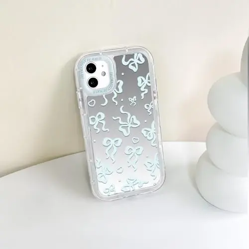 NITITOP Compatible with iPhone 11 Case Cute Mirror Bow Love Heart Pattern for Women Girls Ribbon Design Shockproof Silver Protective Phone Cover - Blue Bow - 7