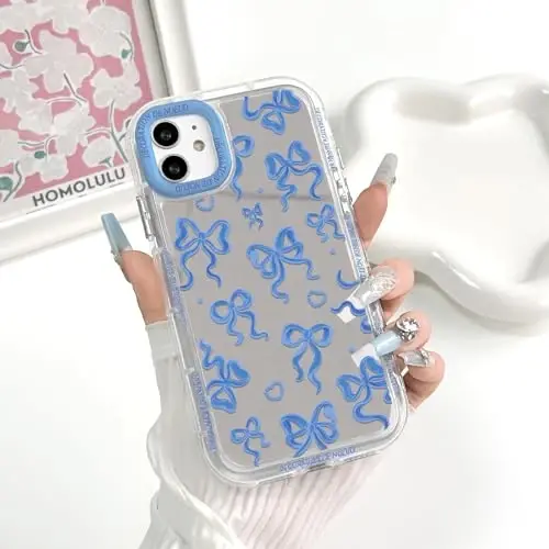 NITITOP Compatible with iPhone 11 Case Cute Mirror Bow Love Heart Pattern for Women Girls Ribbon Design Shockproof Silver Protective Phone Cover - Indigo Blue Bow - 3