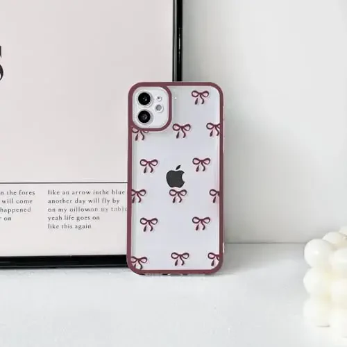 NITITOP Compatible with iPhone 11 Case Cute Clear Durable Ribbon Bowknot Pattern for Girls Women Soft TPU Transparent Full Camera Lens Shockproof Protective Phone Cover - Wine Red - 10