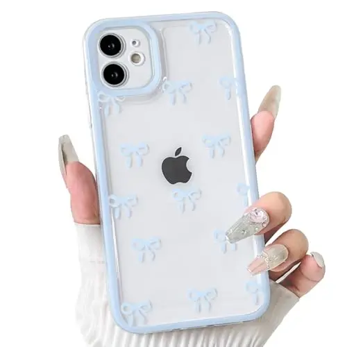 NITITOP Compatible with iPhone 11 Case Cute Clear Durable Ribbon Bowknot Pattern for Girls Women Soft TPU Transparent Full Camera Lens Shockproof Protective Phone Cover - Blue 
