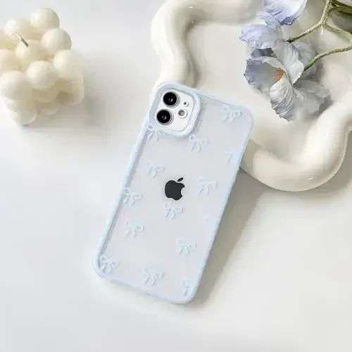 NITITOP Compatible with iPhone 11 Case Cute Clear Durable Ribbon Bowknot Pattern for Girls Women Soft TPU Transparent Full Camera Lens Shockproof Protective Phone Cover - Blue - 2