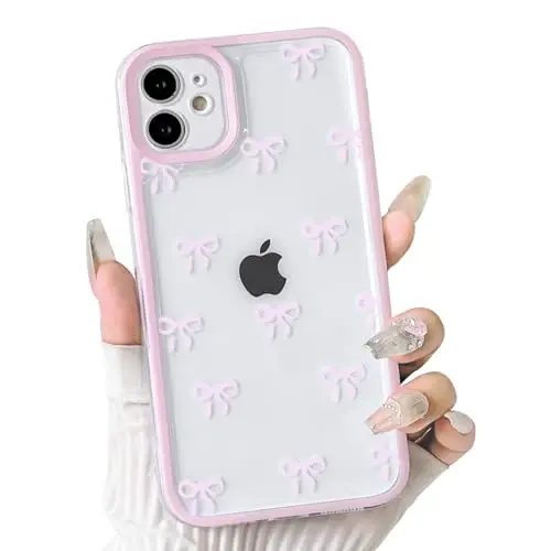 NITITOP Compatible with iPhone 11 Case Cute Clear Durable Ribbon Bowknot Pattern for Girls Women Soft TPU Transparent Full Camera Lens Shockproof Protective Phone Cover - Pink - NITITOP