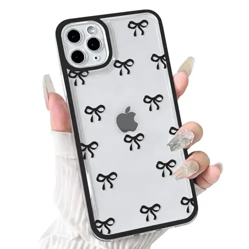 NITITOP Compatible with iPhone 11 Pro Case Cute Clear Durable Ribbon Bowknot Pattern for Girls Women Soft TPU Transparent Full Camera Lens Shockproof Protective Phone Cover - Black - NITITOP
