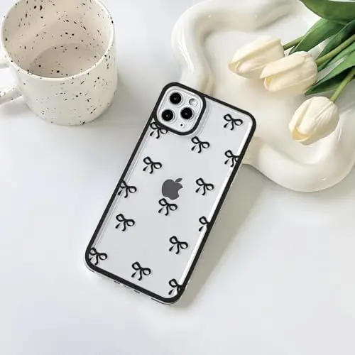 NITITOP Compatible with iPhone 11 Pro Case Cute Clear Durable Ribbon Bowknot Pattern for Girls Women Soft TPU Transparent Full Camera Lens Shockproof Protective Phone Cover - Black - NITITOP (1)
