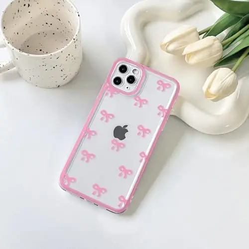 NITITOP Compatible with iPhone 11 Pro Case Cute Clear Durable Ribbon Bowknot Pattern for Girls Women Soft TPU Transparent Full Camera Lens Shockproof Protective Phone Cover - Rose Red - NITITOP (1)