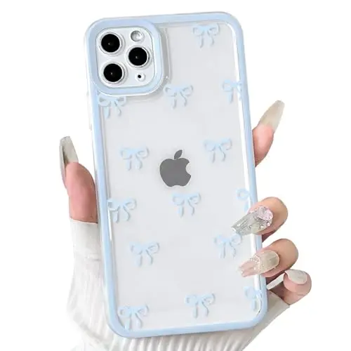 NITITOP Compatible with iPhone 11 Pro Case Cute Clear Durable Ribbon Bowknot Pattern for Girls Women Soft TPU Transparent Full Camera Lens Shockproof Protective Phone Cover - Blue 