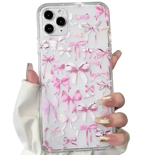 NITITOP iPhone 11 Pro Max bilan mos keladigan g'ilof, ayollar qizlar uchun yoqimli tiniq bant dizayni, pushti kamon lentalik yumshoq ingichka zamonaviy himoya telefon qopqog'i - Pushti 