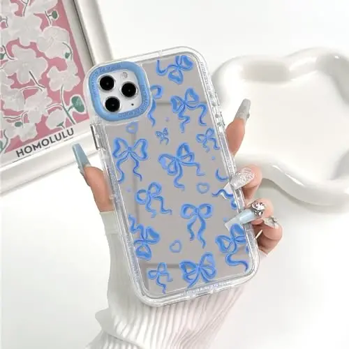 NITITOP Compatible with iPhone 11 Pro Max Case Cute Mirror Bow Love Heart Pattern for Women Girls Ribbon Design Shockproof Silver Protective Phone Cover - Indigo Blue Bow - 3
