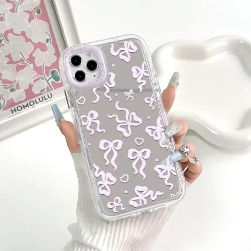 NITITOP Compatible with iPhone 11 Pro Max Case Cute Mirror Bow Love Heart Pattern for Women Girls Ribbon Design Shockproof Silver Protective Phone Cover - Pink Purple Bow - 3