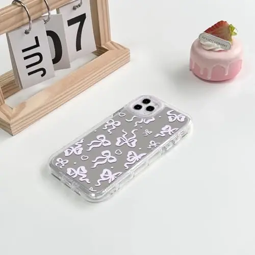 NITITOP Compatible with iPhone 11 Pro Max Case Cute Mirror Bow Love Heart Pattern for Women Girls Ribbon Design Shockproof Silver Protective Phone Cover - Pink Purple Bow - 4