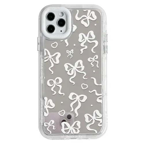 NITITOP Compatible with iPhone 11 Pro Max Case Cute Mirror Bow Love Heart Pattern for Women Girls Ribbon Design Shockproof Silver Protective Phone Cover - White Bow 