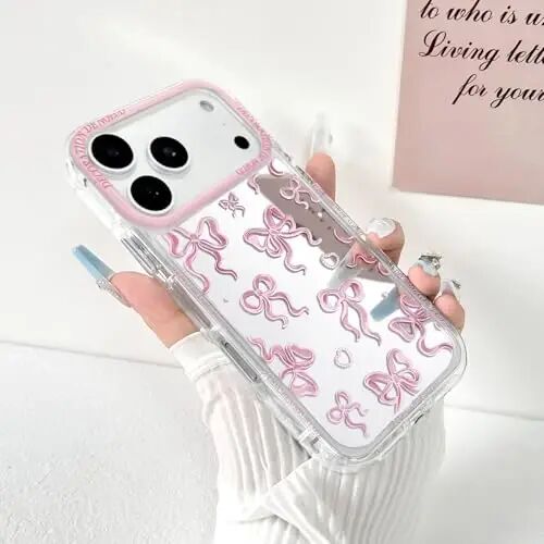 NITITOP Compatible with iPhone 11 Pro Max Case Cute Mirror Bow Love Heart Pattern for Women Girls Ribbon Design Shockproof Silver Protective Phone Cover - Pink Bow - 2