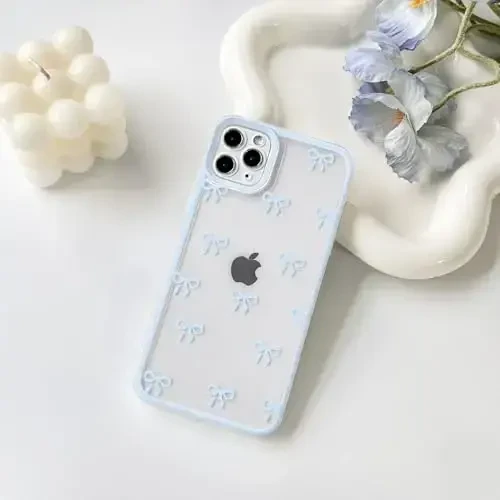NITITOP Compatible with iPhone 11 Pro Max Case Cute Clear Durable Ribbon Bowknot Pattern for Girls Women Soft TPU Transparent Full Camera Lens Shockproof Protective Phone Cover - Blue - NITITOP (1)