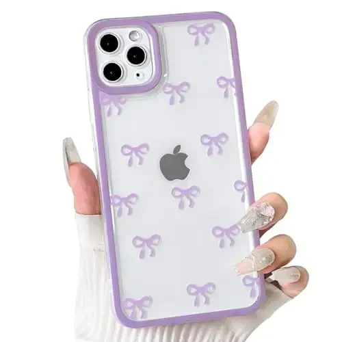NITITOP Compatible with iPhone 11 Pro Max Case Cute Clear Durable Ribbon Bowknot Pattern for Girls Women Soft TPU Transparent Full Camera Lens Shockproof Protective Phone Cover - Purple 