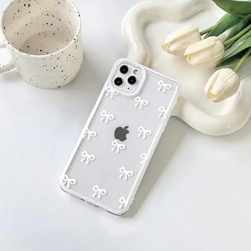 NITITOP Compatible with iPhone 11 Pro Max Case Cute Clear Durable Ribbon Bowknot Pattern for Girls Women Soft TPU Transparent Full Camera Lens Shockproof Protective Phone Cover - White - NITITOP (1)