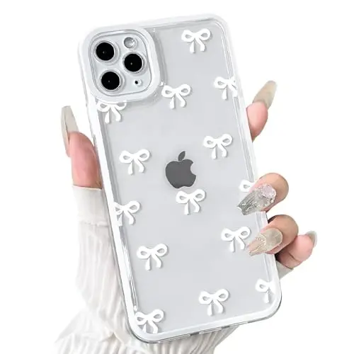 NITITOP Compatible with iPhone 11 Pro Max Case Cute Clear Durable Ribbon Bowknot Pattern for Girls Women Soft TPU Transparent Full Camera Lens Shockproof Protective Phone Cover - White 