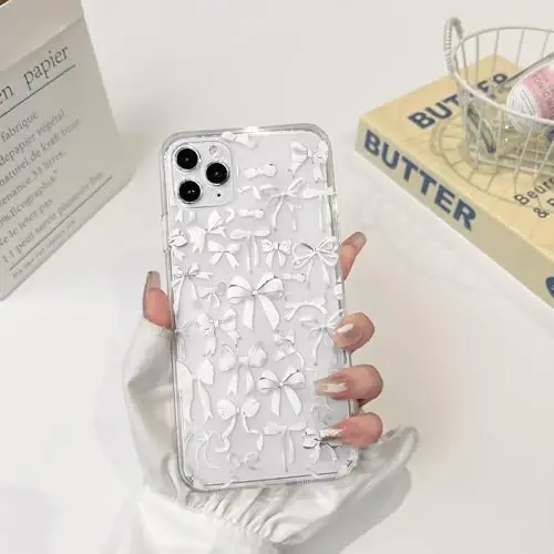 NITITOP Compatible with iPhone 11 Pro Max Case Cute Clear Bowknot Design for Women Girls White Bow Ribbon Soft Fit Slim Stylish Protective Phone Cover - White - 3