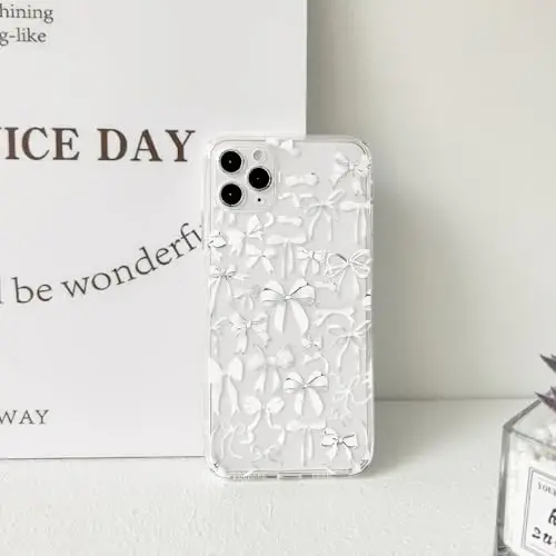 NITITOP Compatible with iPhone 11 Pro Max Case Cute Clear Bowknot Design for Women Girls White Bow Ribbon Soft Fit Slim Stylish Protective Phone Cover - White - 6