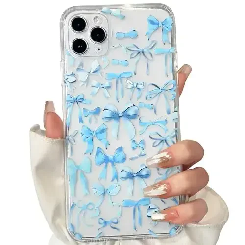 NITITOP Compatible with iPhone 11 Pro Max Case Cute Clear Bowknot Design for Women Girls Blue Bow Ribbon Soft Fit Slim Stylish Protective Phone Cover - Blue 