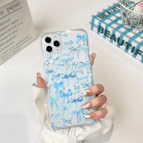 NITITOP Compatible with iPhone 11 Pro Max Case Cute Clear Bowknot Design for Women Girls Blue Bow Ribbon Soft Fit Slim Stylish Protective Phone Cover - Blue - 3