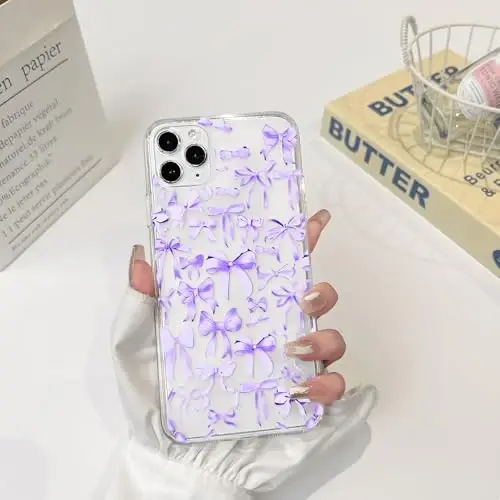 NITITOP Compatible with iPhone 11 Pro Max Case Cute Clear Bowknot Design for Women Girls Purple Bow Ribbon Soft Fit Slim Stylish Protective Phone Cover - Purple - 3
