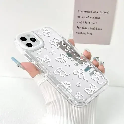 NITITOP iPhone 11 Pro Max uchun g'ilof bilan mos keladi, ayollar va qizlar uchun yoqimli oyna kamon sevgi yurak naqshli, lenta dizayni zarbaga chidamli kumush himoya telefon qopqog'i - Oq kamon - NITITOP (1)