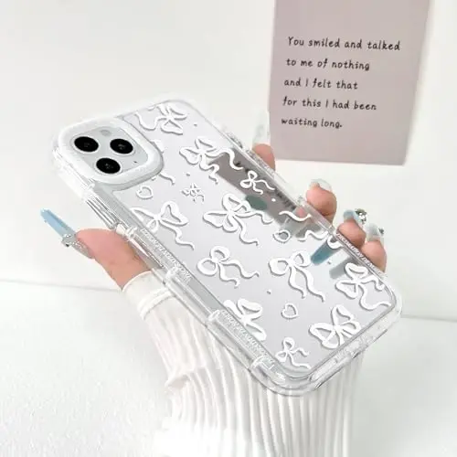 NITITOP iPhone 11 Pro Max uchun g'ilof bilan mos keladi, ayollar va qizlar uchun yoqimli oyna kamon sevgi yurak naqshli, lenta dizayni zarbaga chidamli kumush himoya telefon qopqog'i - Oq kamon - NITITOP (1)