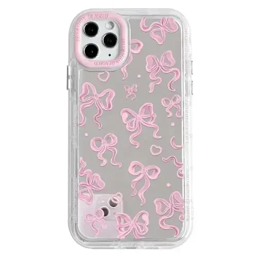 NITITOP iPhone 11 Pro Max uchun mos keladigan chexol, ayollar qizlar uchun yoqimli oyna kamon sevgi yurak naqshli, lenta dizayni zarbaga chidamli kumush himoya telefon qopqog'i - pushti kamon - 1