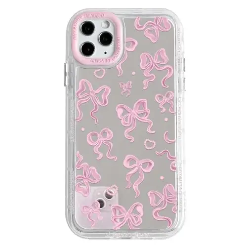 NITITOP iPhone 11 Pro Max uchun mos keladigan chexol, ayollar qizlar uchun yoqimli oyna kamon sevgi yurak naqshli, lenta dizayni zarbaga chidamli kumush himoya telefon qopqog'i - pushti kamon 