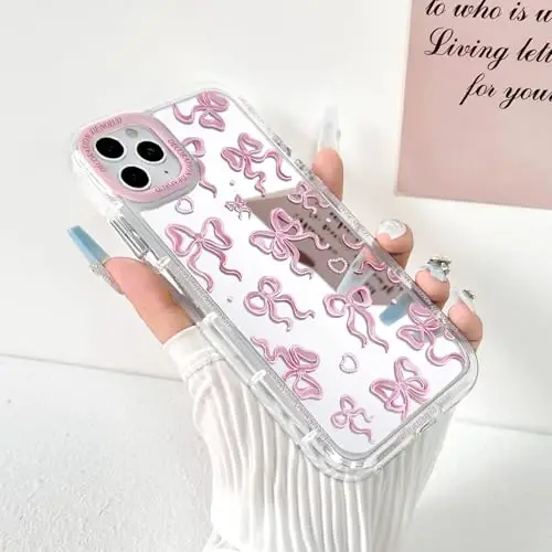NITITOP iPhone 11 Pro Max uchun mos keladigan chexol, ayollar qizlar uchun yoqimli oyna kamon sevgi yurak naqshli, lenta dizayni zarbaga chidamli kumush himoya telefon qopqog'i - pushti kamon - 2