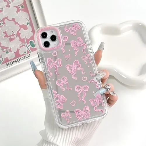 NITITOP iPhone 11 Pro Max uchun mos keladigan chexol, ayollar qizlar uchun yoqimli oyna kamon sevgi yurak naqshli, lenta dizayni zarbaga chidamli kumush himoya telefon qopqog'i - pushti kamon - 3