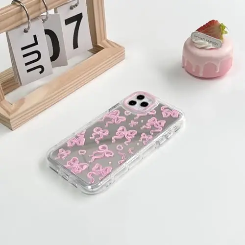 NITITOP iPhone 11 Pro Max uchun mos keladigan chexol, ayollar qizlar uchun yoqimli oyna kamon sevgi yurak naqshli, lenta dizayni zarbaga chidamli kumush himoya telefon qopqog'i - pushti kamon - 4