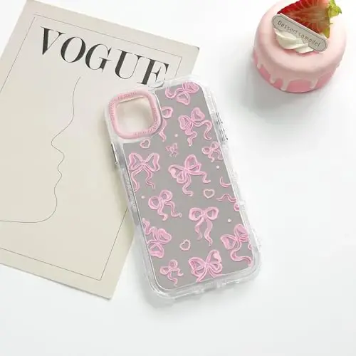 NITITOP iPhone 11 Pro Max uchun mos keladigan chexol, ayollar qizlar uchun yoqimli oyna kamon sevgi yurak naqshli, lenta dizayni zarbaga chidamli kumush himoya telefon qopqog'i - pushti kamon - 5